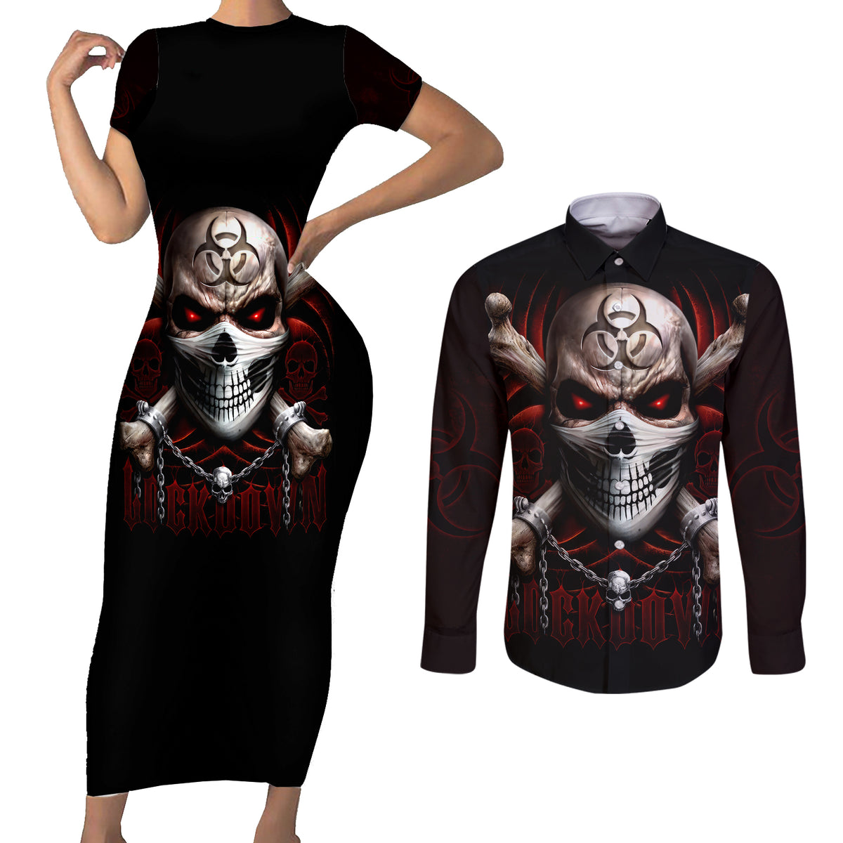Skull Couples Matching Short Sleeve Bodycon Dress and Long Sleeve Button Shirts Blood Skull Survivor - Wonder Print Shop