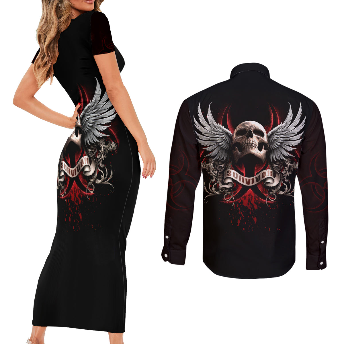 Skull Couples Matching Short Sleeve Bodycon Dress and Long Sleeve Button Shirts Blood Skull Survivor - Wonder Print Shop