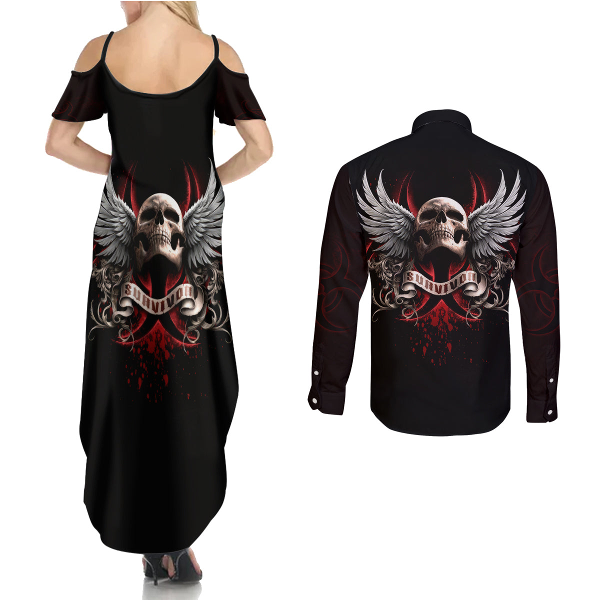 Skull Couples Matching Summer Maxi Dress and Long Sleeve Button Shirts Blood Skull Survivor - Wonder Print Shop