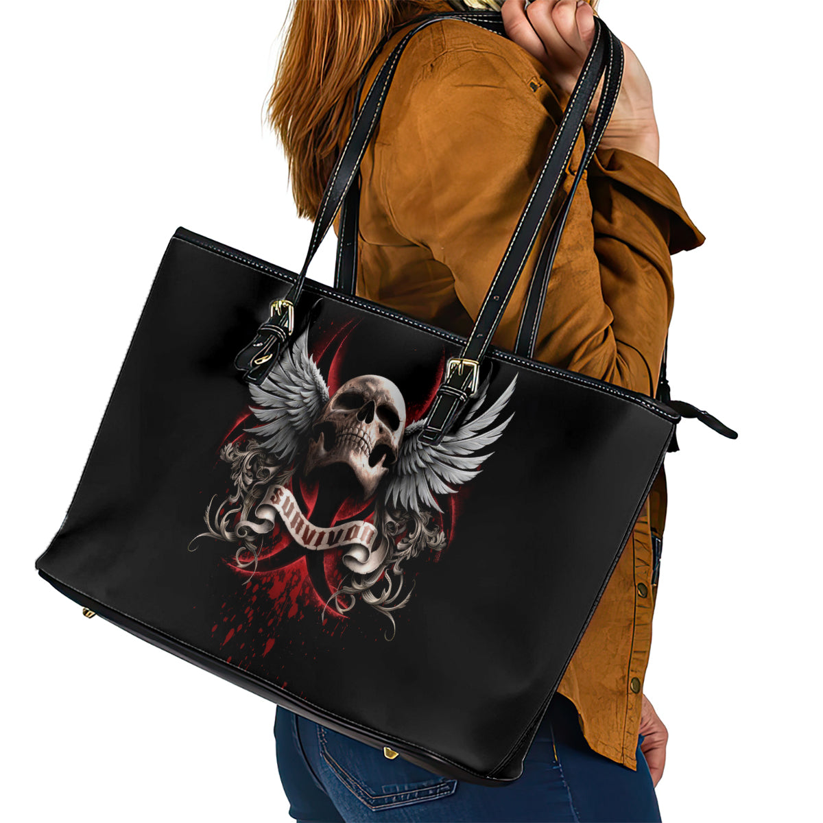 Skull Leather Tote Bag Blood Skull Survivor - Wonder Print Shop