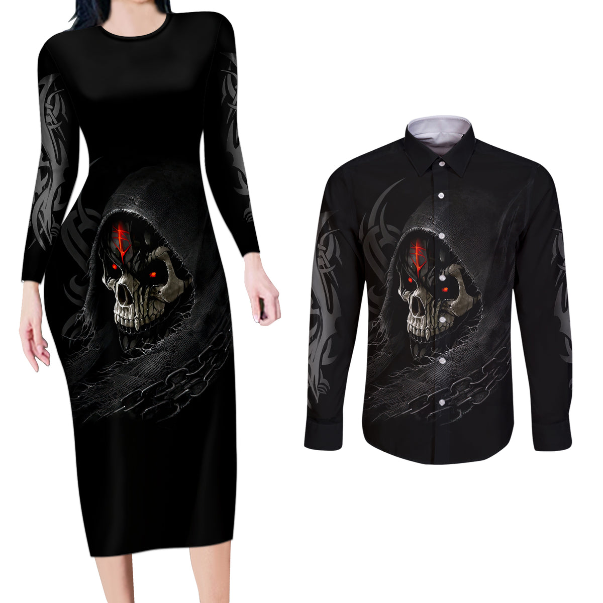 Skull Couples Matching Long Sleeve Bodycon Dress and Long Sleeve Button Shirts Black Reaper - Wonder Print Shop
