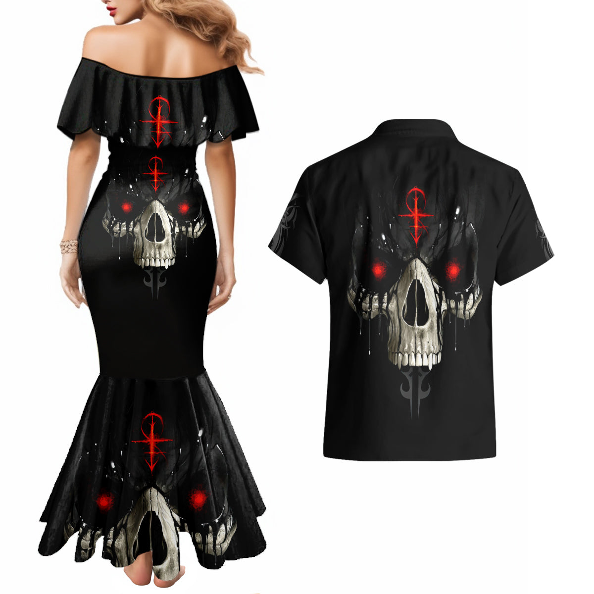 Skull Couples Matching Mermaid Dress And Hawaiian Shirt Black Reaper - Wonder Print Shop