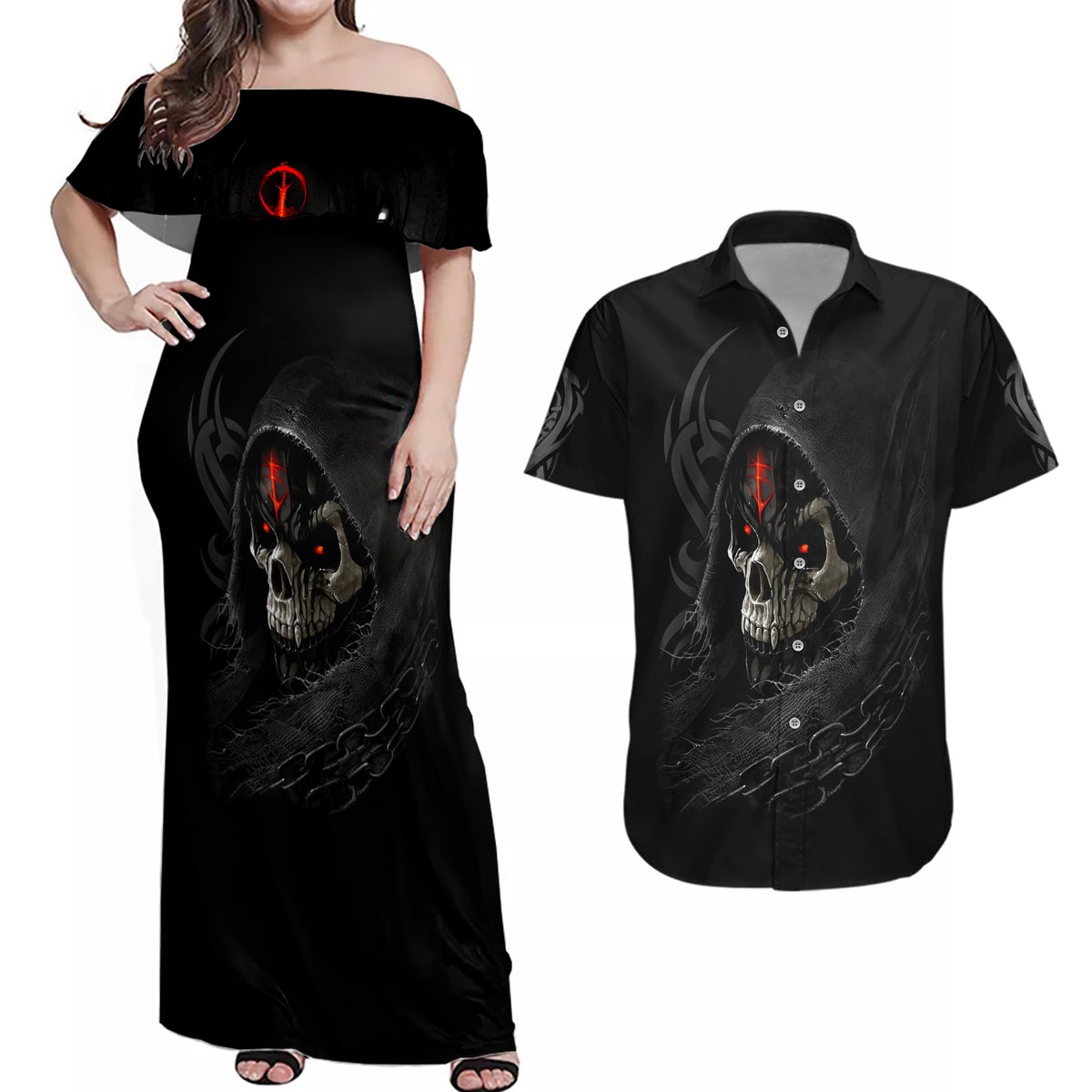 Skull Couples Matching Off Shoulder Maxi Dress and Hawaiian Shirt Black Reaper - Wonder Print Shop