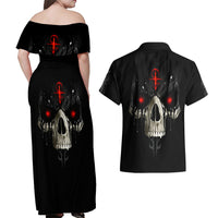 Skull Couples Matching Off Shoulder Maxi Dress and Hawaiian Shirt Black Reaper - Wonder Print Shop