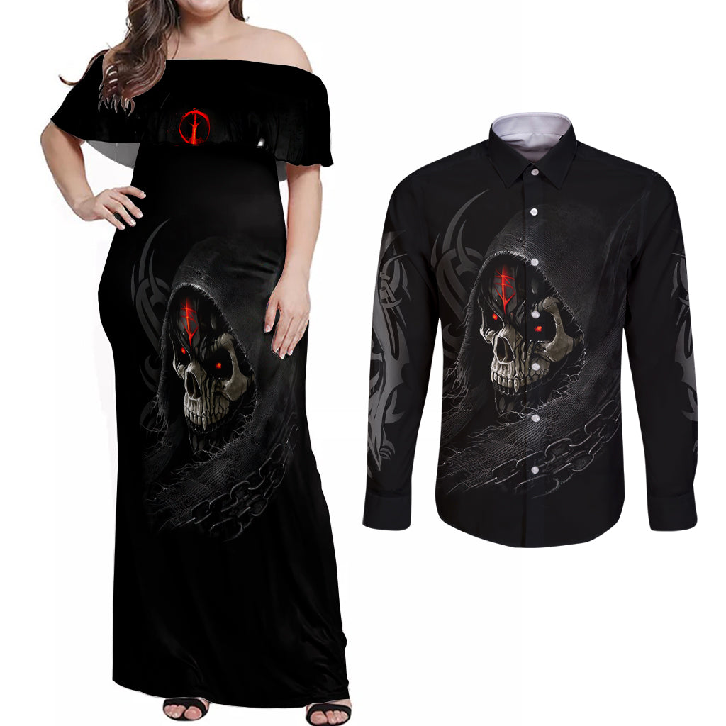 Skull Couples Matching Off Shoulder Maxi Dress and Long Sleeve Button Shirts Black Reaper - Wonder Print Shop