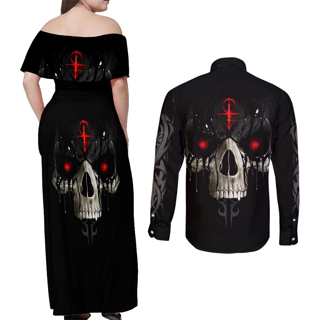Skull Couples Matching Off Shoulder Maxi Dress and Long Sleeve Button Shirts Black Reaper - Wonder Print Shop