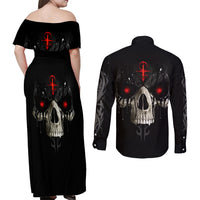 Skull Couples Matching Off Shoulder Maxi Dress and Long Sleeve Button Shirts Black Reaper - Wonder Print Shop