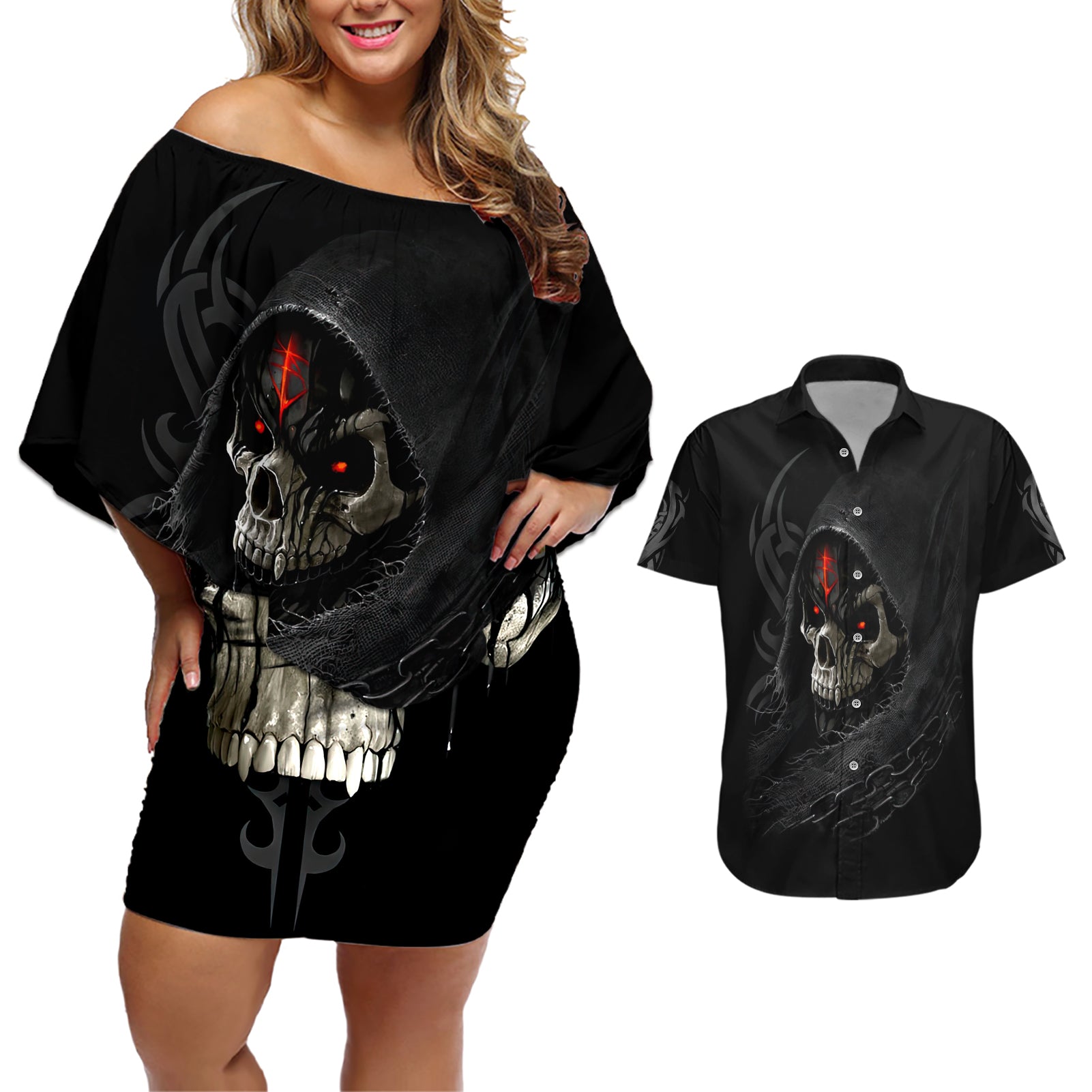 Skull Couples Matching Off Shoulder Short Dress and Hawaiian Shirt Black Reaper - Wonder Print Shop