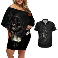 Skull Couples Matching Off Shoulder Short Dress and Hawaiian Shirt Black Reaper - Wonder Print Shop