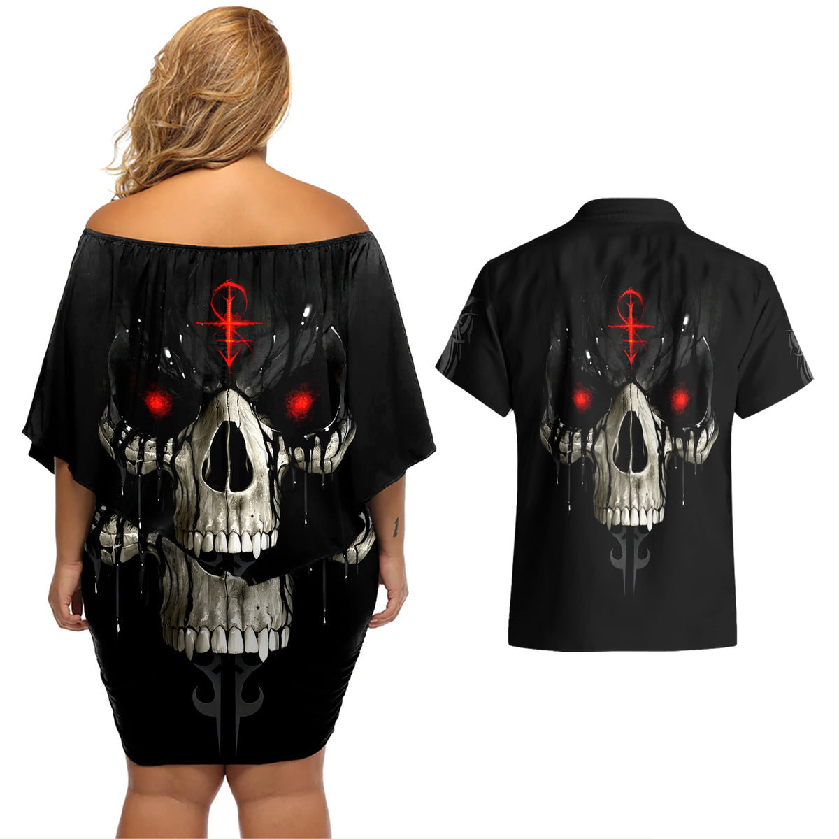 Skull Couples Matching Off Shoulder Short Dress and Hawaiian Shirt Black Reaper - Wonder Print Shop