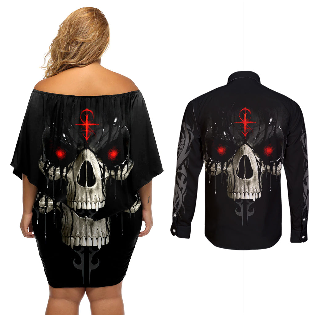 Skull Couples Matching Off Shoulder Short Dress and Long Sleeve Button Shirts Black Reaper - Wonder Print Shop