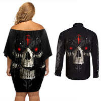 Skull Couples Matching Off Shoulder Short Dress and Long Sleeve Button Shirts Black Reaper - Wonder Print Shop