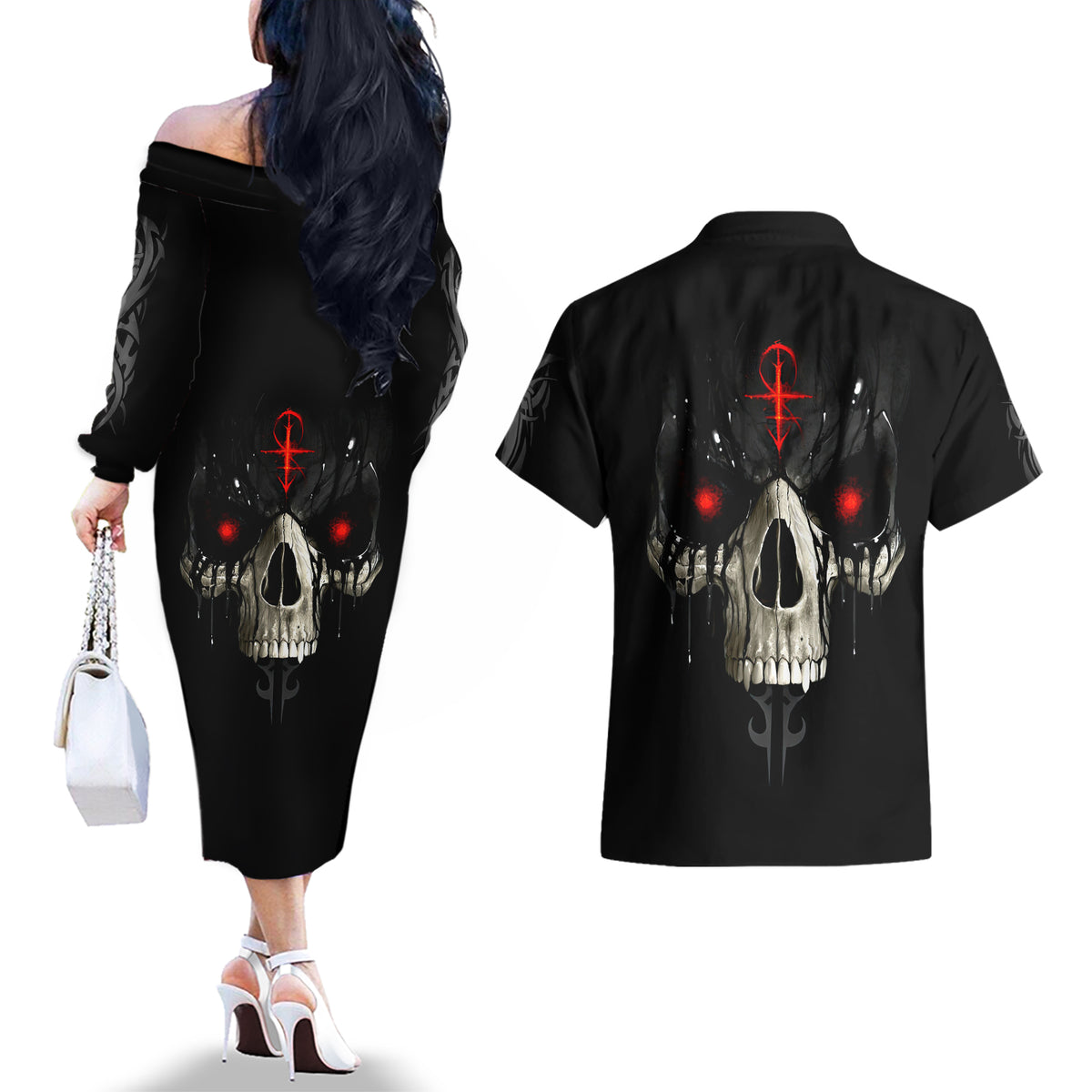 Skull Couples Matching Off The Shoulder Long Sleeve Dress and Hawaiian Shirt Black Reaper - Wonder Print Shop