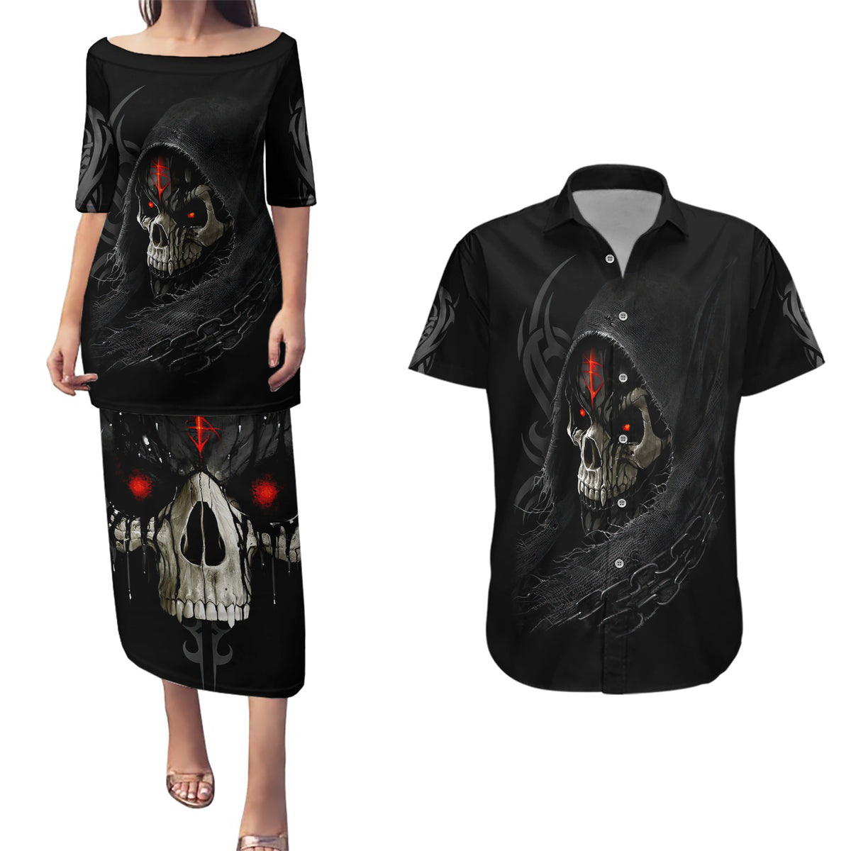 Skull Couples Matching Puletasi Dress and Hawaiian Shirt Black Reaper - Wonder Print Shop