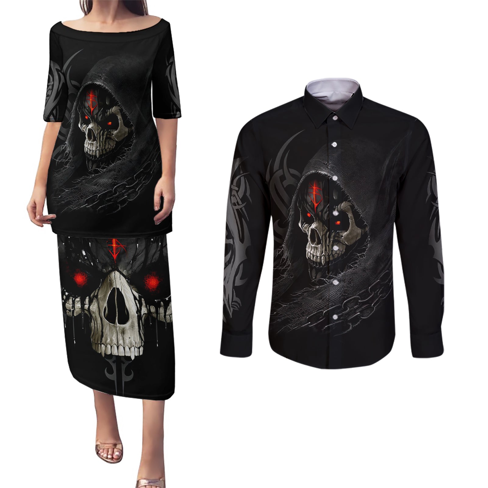 Skull Couples Matching Puletasi Dress and Long Sleeve Button Shirts Black Reaper - Wonder Print Shop