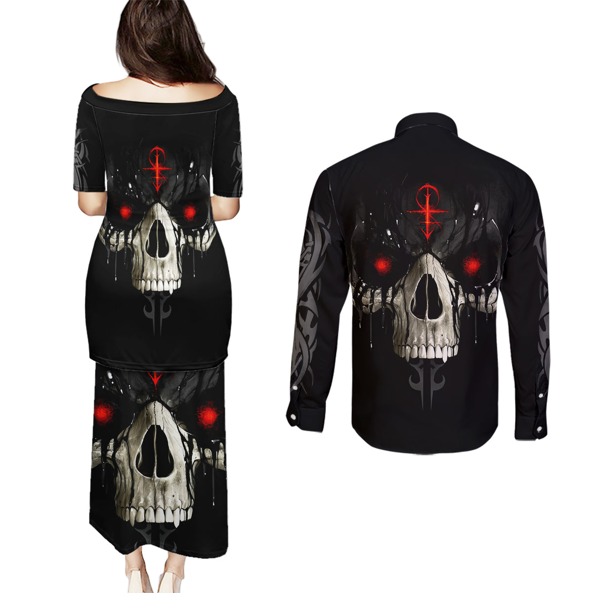 Skull Couples Matching Puletasi Dress and Long Sleeve Button Shirts Black Reaper - Wonder Print Shop