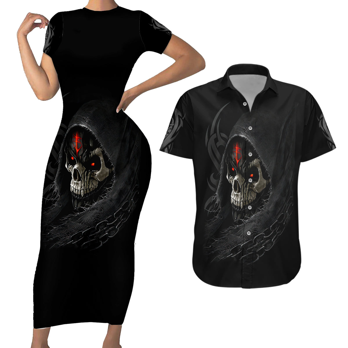 Skull Couples Matching Short Sleeve Bodycon Dress and Hawaiian Shirt Black Reaper - Wonder Print Shop