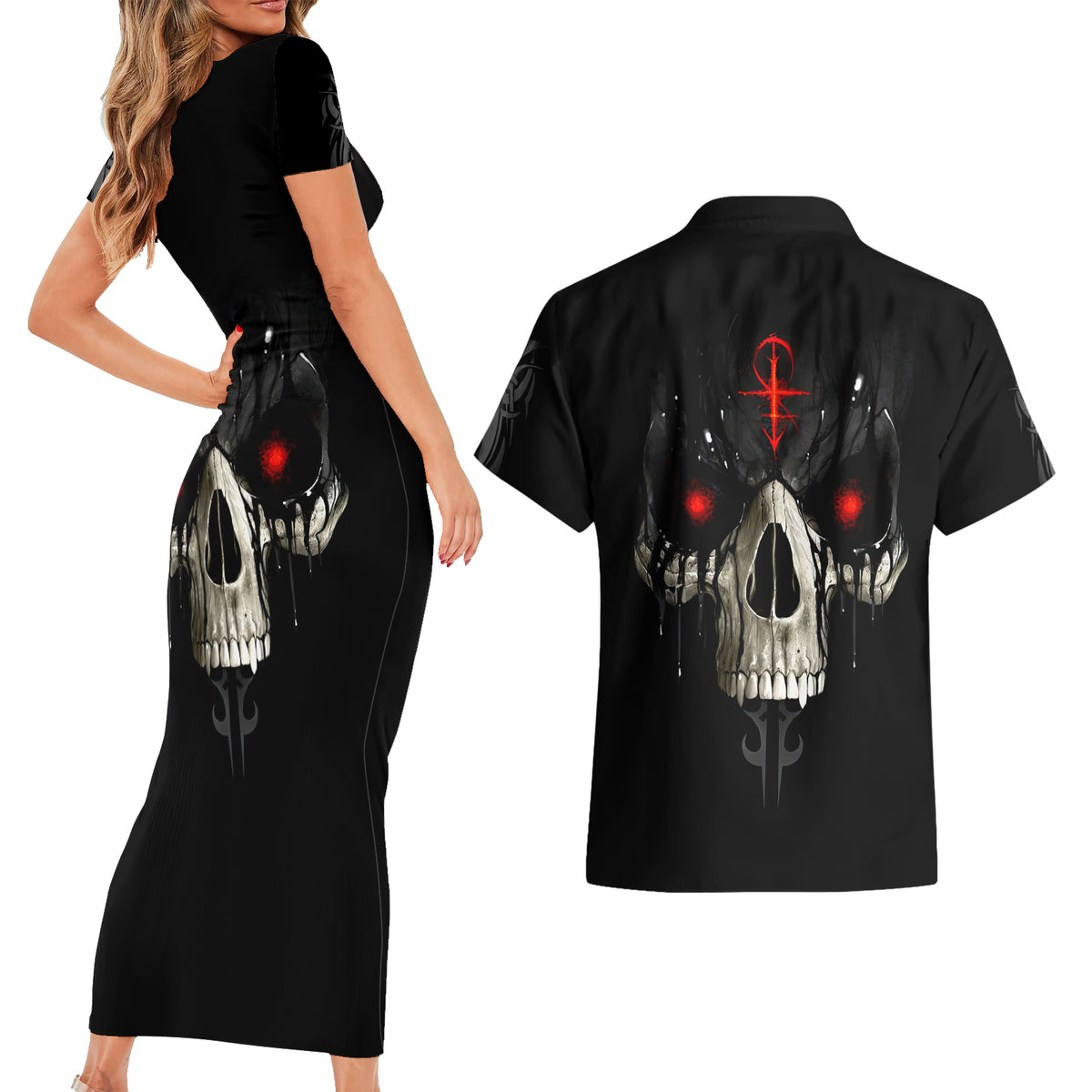 Skull Couples Matching Short Sleeve Bodycon Dress and Hawaiian Shirt Black Reaper - Wonder Print Shop
