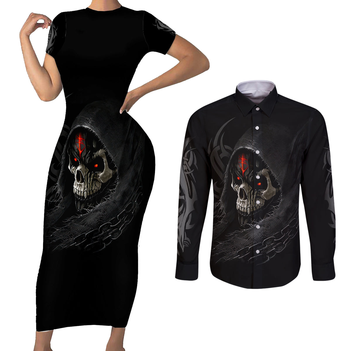 Skull Couples Matching Short Sleeve Bodycon Dress and Long Sleeve Button Shirts Black Reaper - Wonder Print Shop