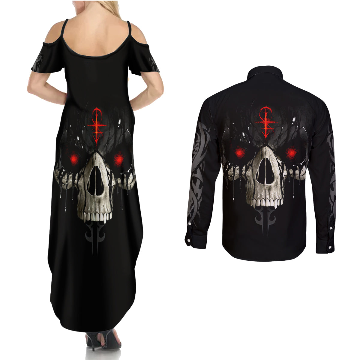 Skull Couples Matching Summer Maxi Dress and Long Sleeve Button Shirts Black Reaper - Wonder Print Shop
