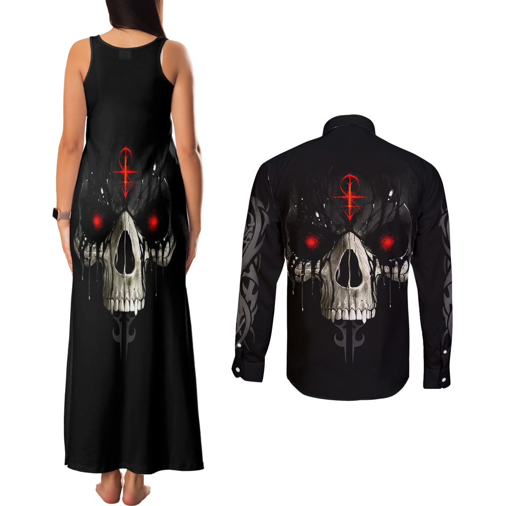 Skull Couples Matching Tank Maxi Dress and Long Sleeve Button Shirts Black Reaper - Wonder Print Shop
