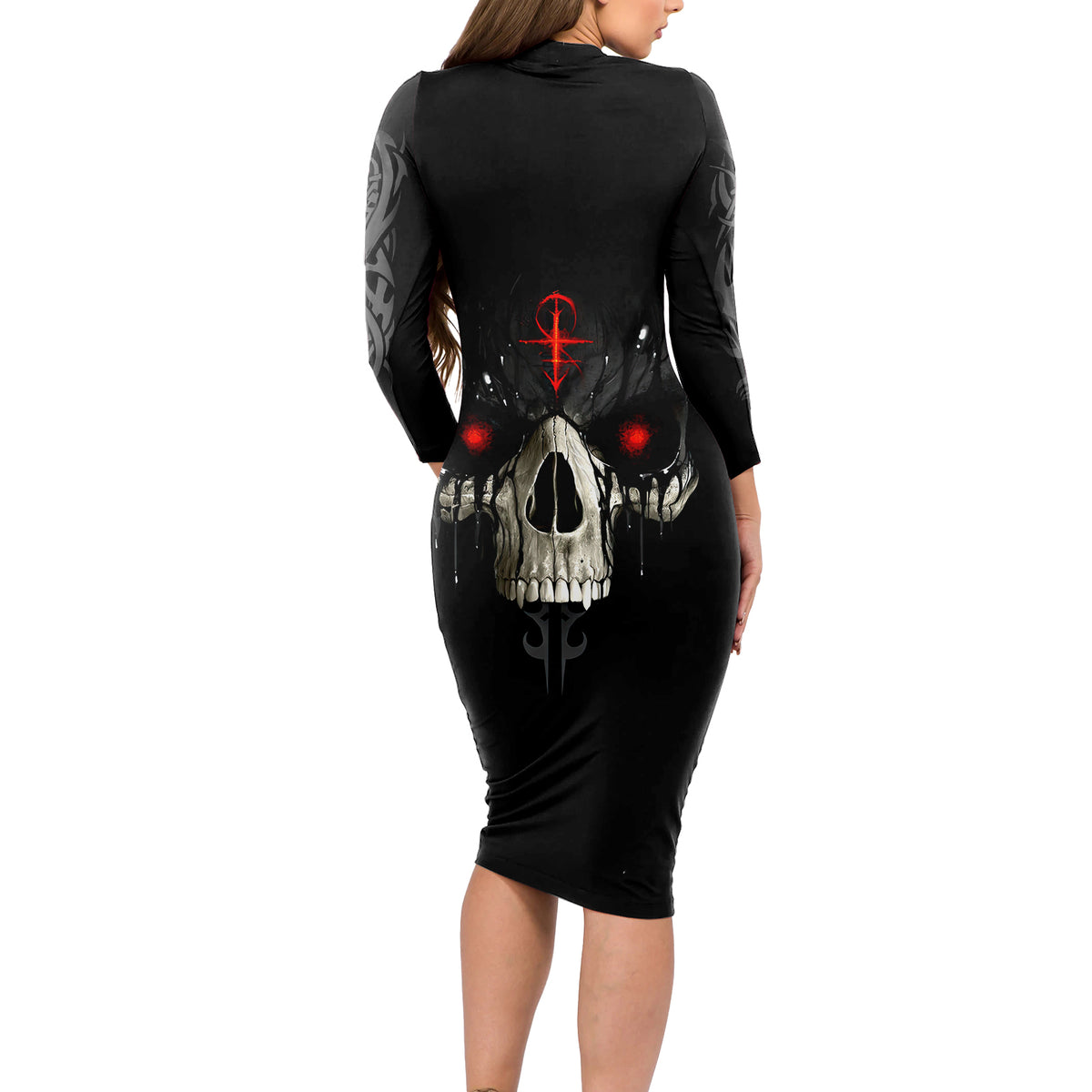 Skull Long Sleeve Bodycon Dress Black Reaper - Wonder Print Shop