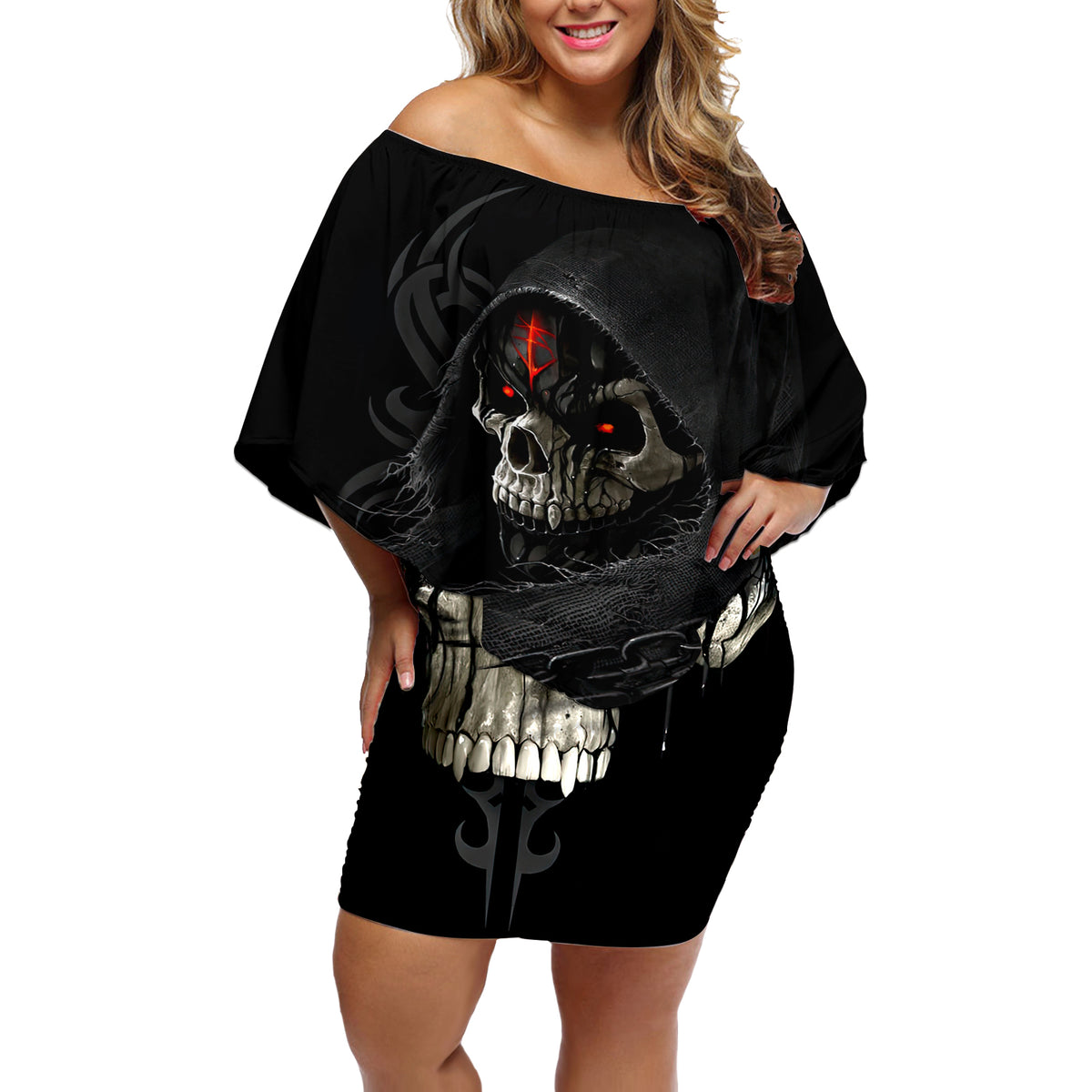 Skull Off Shoulder Short Dress Black Reaper - Wonder Print Shop
