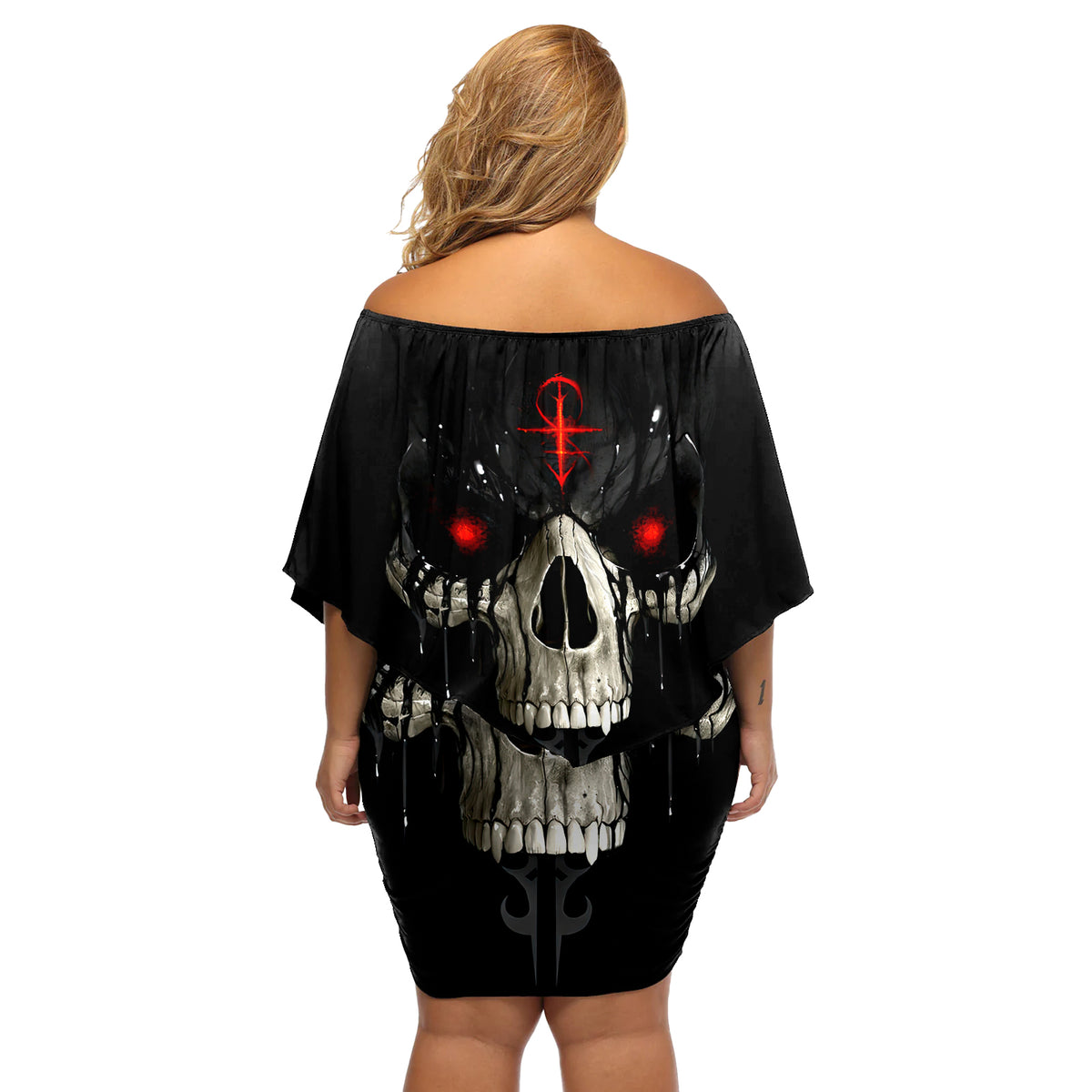 Skull Off Shoulder Short Dress Black Reaper - Wonder Print Shop