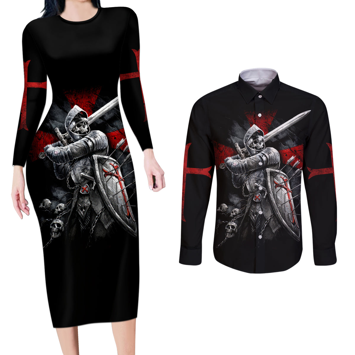 Skull Couples Matching Long Sleeve Bodycon Dress and Long Sleeve Button Shirts Death Skull Crusader - Wonder Print Shop