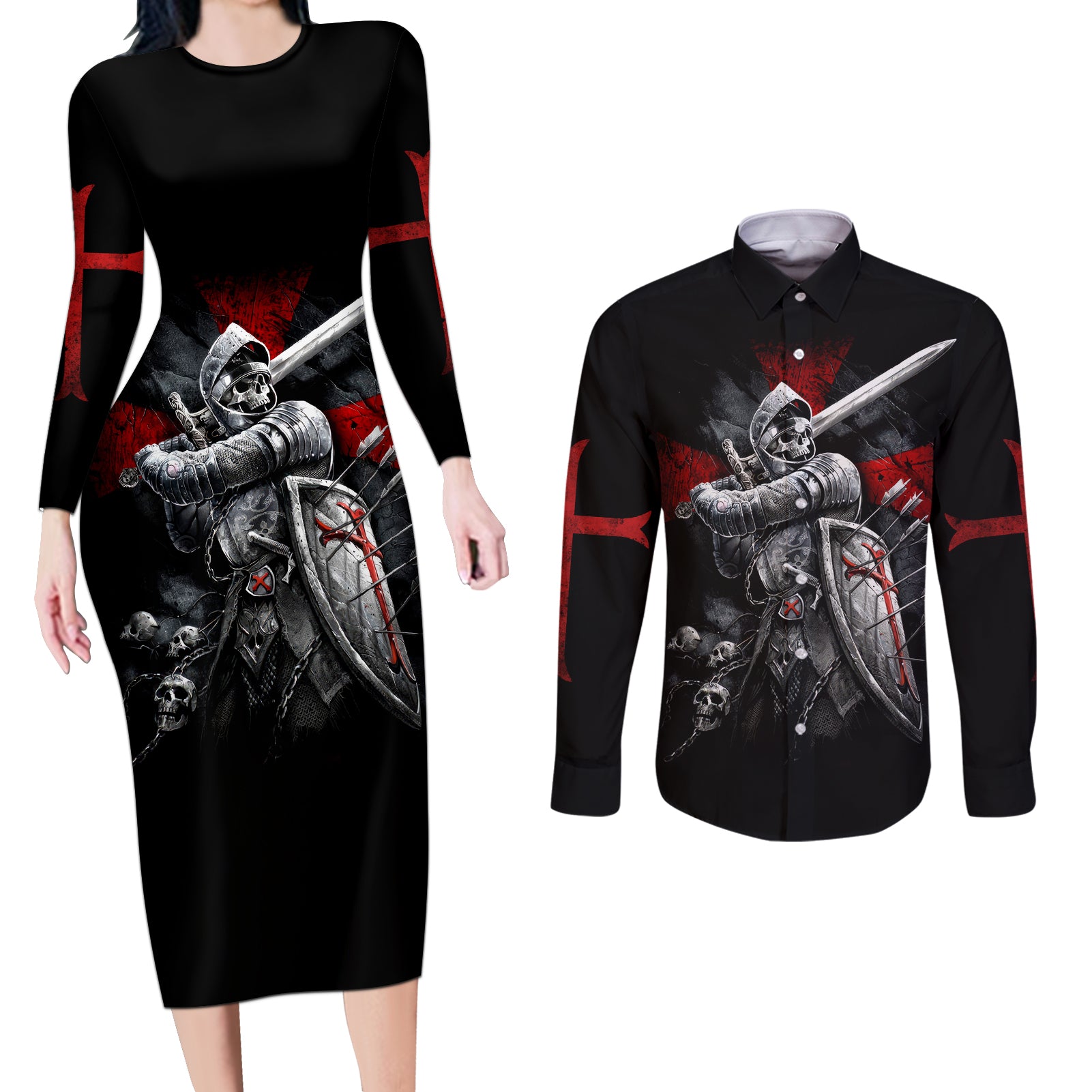 Skull Couples Matching Long Sleeve Bodycon Dress and Long Sleeve Button Shirts Death Skull Crusader - Wonder Print Shop