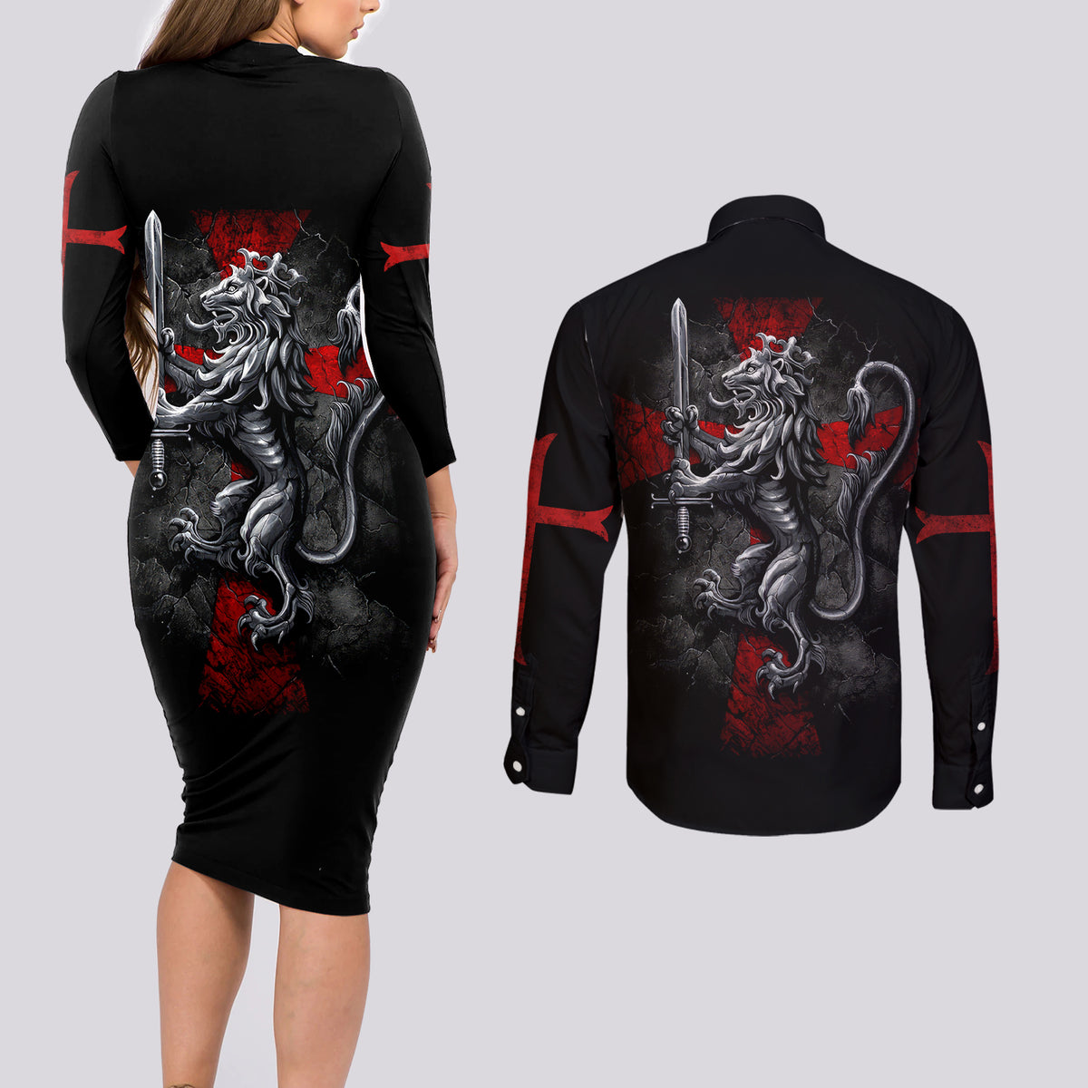 Skull Couples Matching Long Sleeve Bodycon Dress and Long Sleeve Button Shirts Death Skull Crusader - Wonder Print Shop