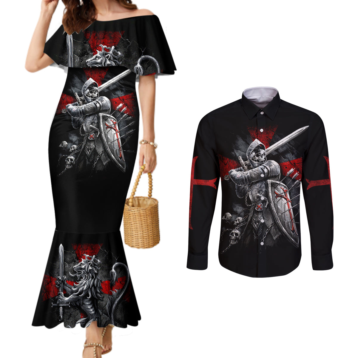 Skull Couples Matching Mermaid Dress and Long Sleeve Button Shirts Death Skull Crusader DT01