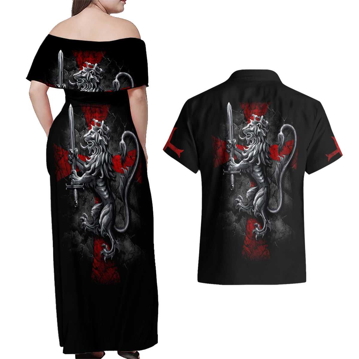 Skull Couples Matching Off Shoulder Maxi Dress and Hawaiian Shirt Death Skull Crusader - Wonder Print Shop