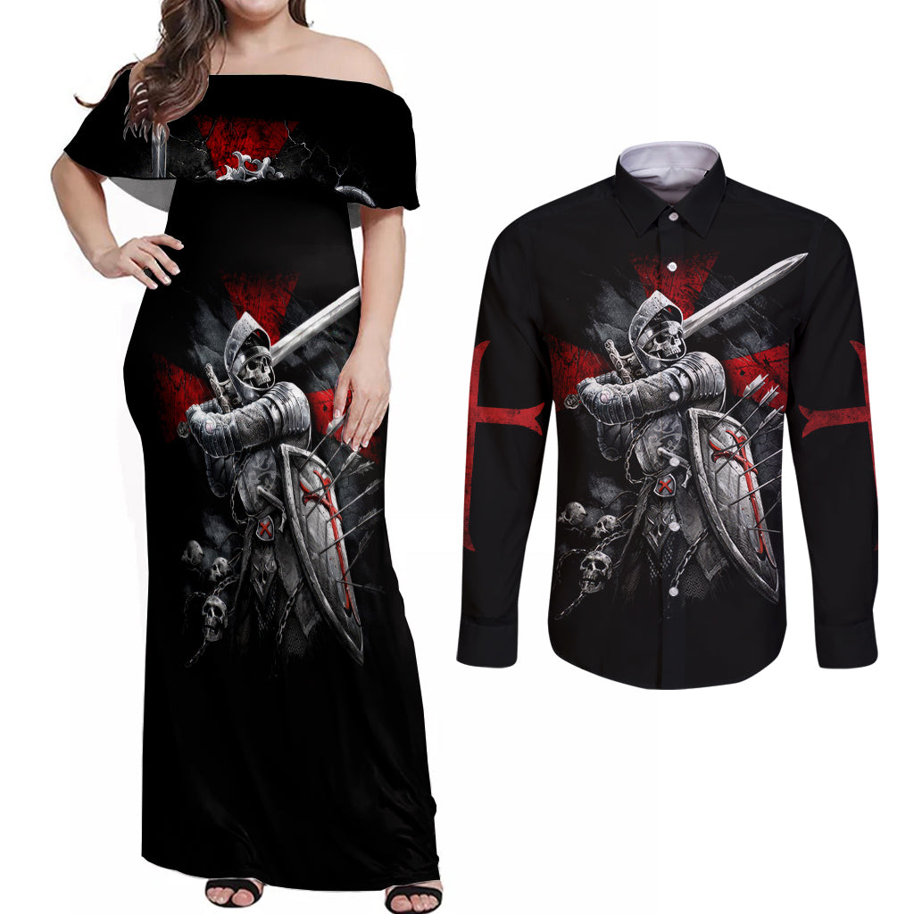 Skull Couples Matching Off Shoulder Maxi Dress and Long Sleeve Button Shirts Death Skull Crusader - Wonder Print Shop
