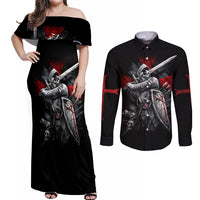 Skull Couples Matching Off Shoulder Maxi Dress and Long Sleeve Button Shirts Death Skull Crusader - Wonder Print Shop
