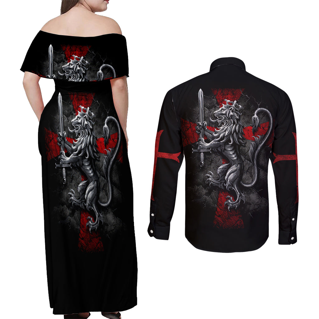 Skull Couples Matching Off Shoulder Maxi Dress and Long Sleeve Button Shirts Death Skull Crusader - Wonder Print Shop