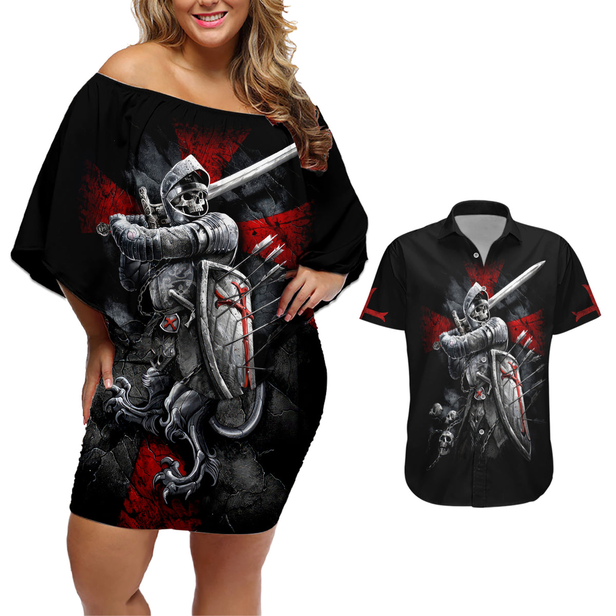 Skull Couples Matching Off Shoulder Short Dress and Hawaiian Shirt Death Skull Crusader - Wonder Print Shop