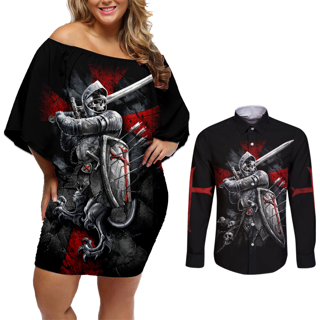 Skull Couples Matching Off Shoulder Short Dress and Long Sleeve Button Shirts Death Skull Crusader - Wonder Print Shop