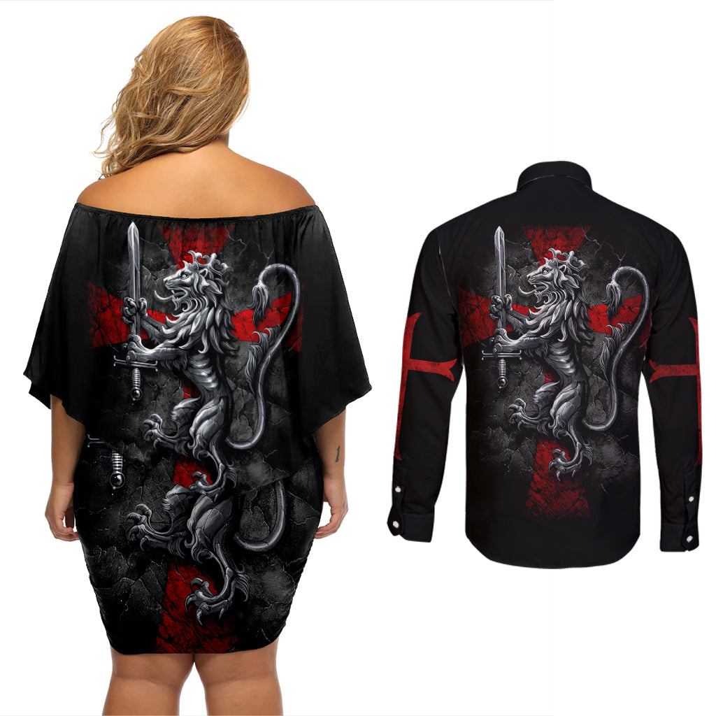 Skull Couples Matching Off Shoulder Short Dress and Long Sleeve Button Shirts Death Skull Crusader - Wonder Print Shop