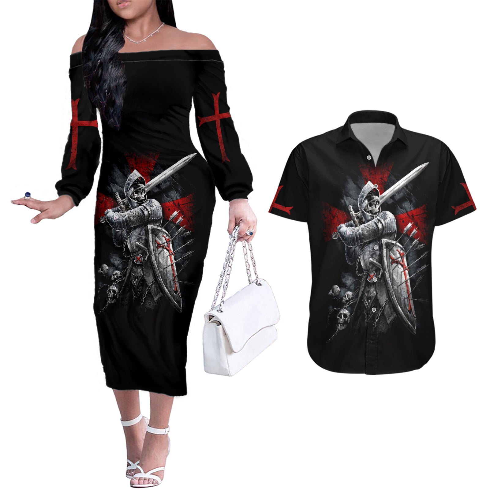 Skull Couples Matching Off The Shoulder Long Sleeve Dress and Hawaiian Shirt Death Skull Crusader - Wonder Print Shop