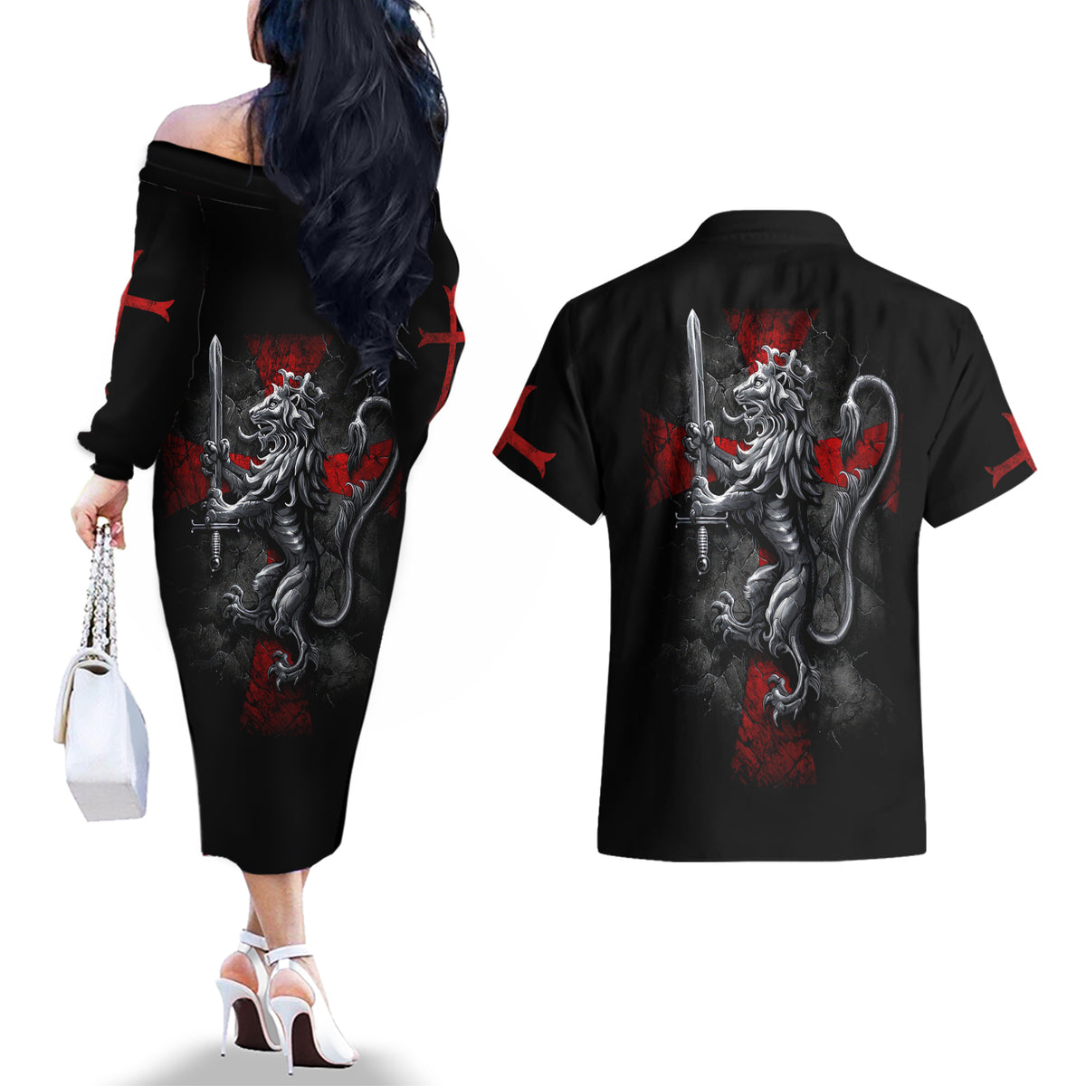 Skull Couples Matching Off The Shoulder Long Sleeve Dress and Hawaiian Shirt Death Skull Crusader - Wonder Print Shop