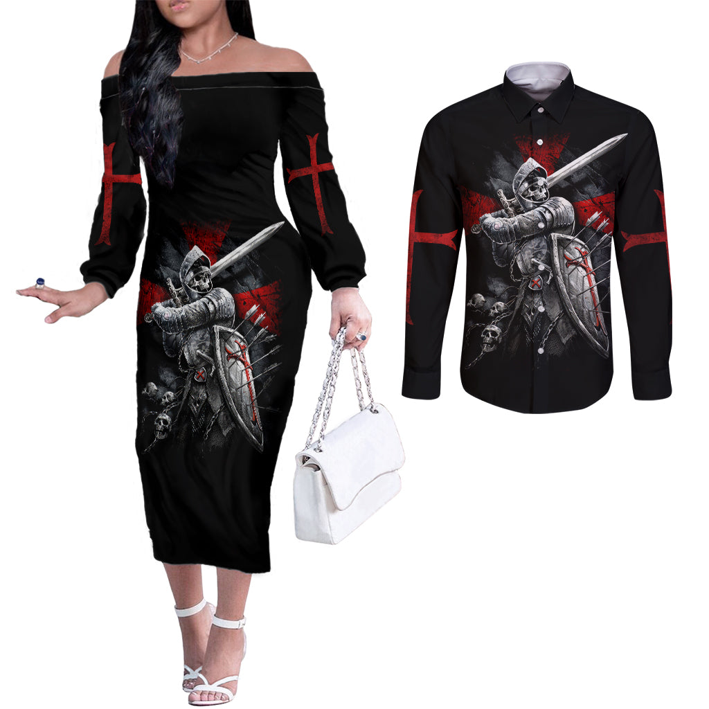 Skull Couples Matching Off The Shoulder Long Sleeve Dress and Long Sleeve Button Shirts Death Skull Crusader DT01