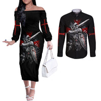 Skull Couples Matching Off The Shoulder Long Sleeve Dress and Long Sleeve Button Shirts Death Skull Crusader DT01