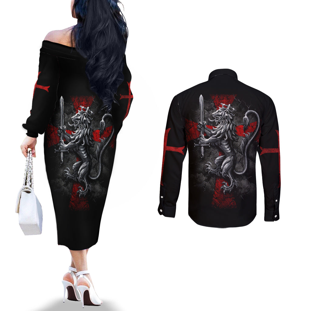 Skull Couples Matching Off The Shoulder Long Sleeve Dress and Long Sleeve Button Shirts Death Skull Crusader DT01
