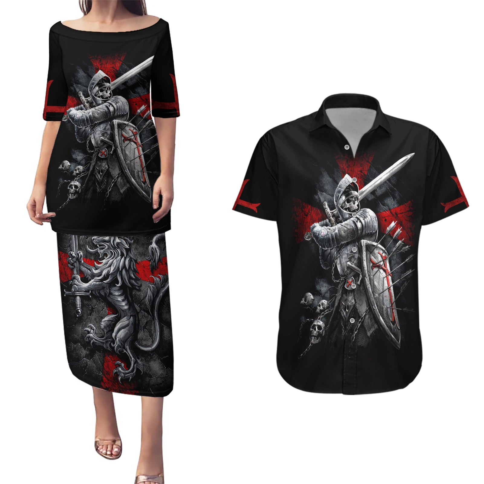 Skull Couples Matching Puletasi Dress and Hawaiian Shirt Death Skull Crusader - Wonder Print Shop