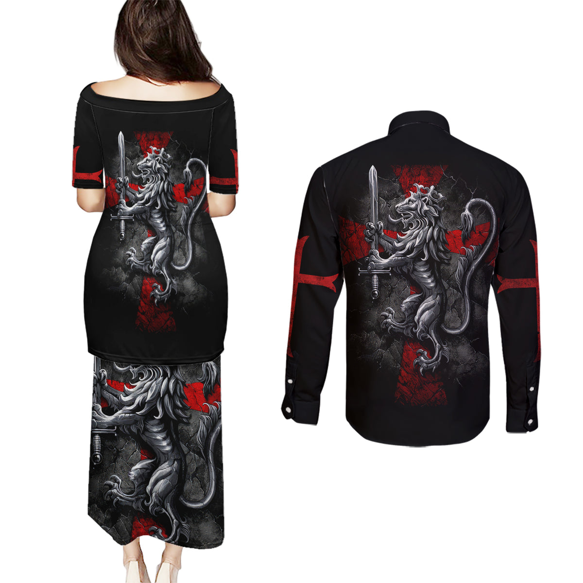 Skull Couples Matching Puletasi Dress and Long Sleeve Button Shirts Death Skull Crusader - Wonder Print Shop
