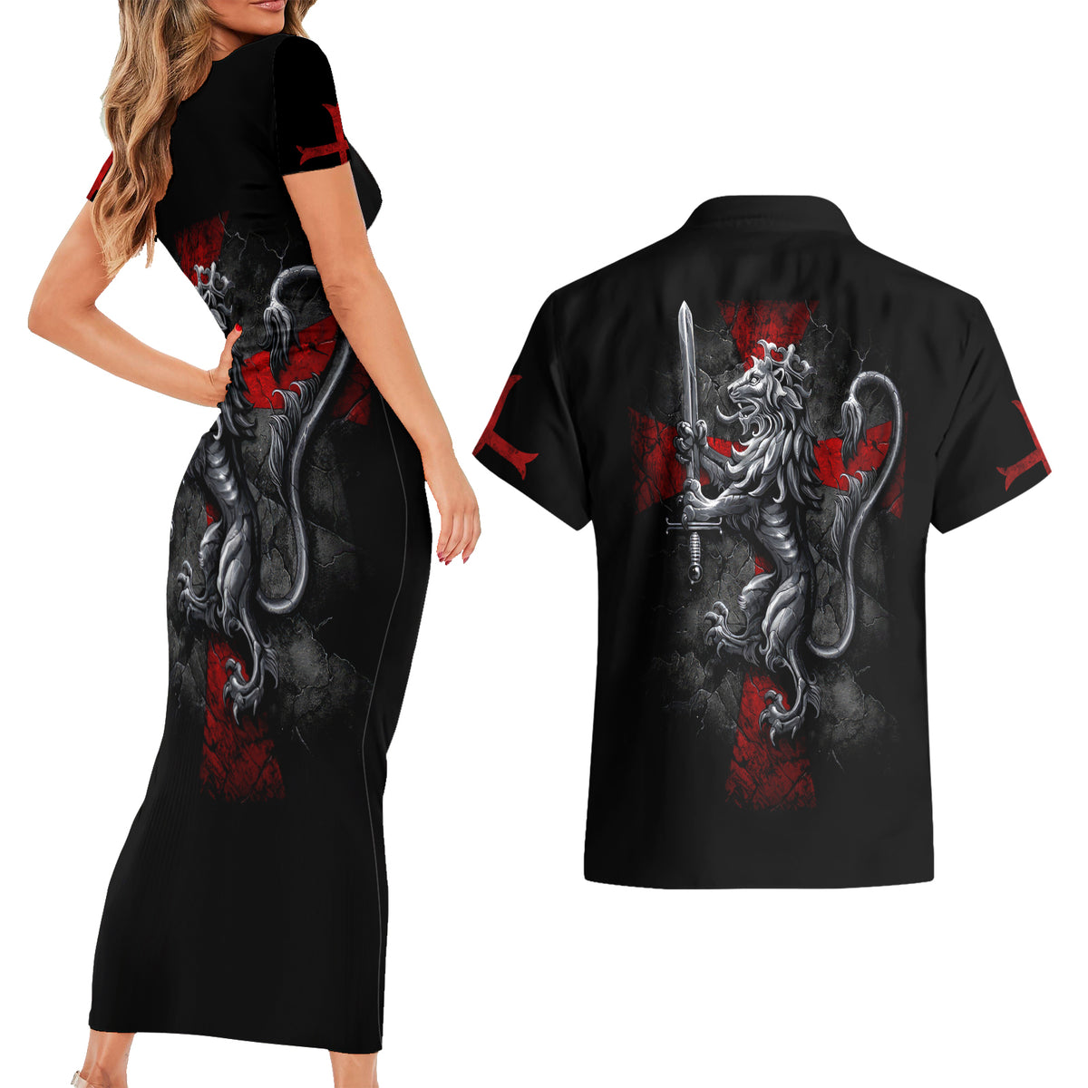 Skull Couples Matching Short Sleeve Bodycon Dress and Hawaiian Shirt Death Skull Crusader - Wonder Print Shop