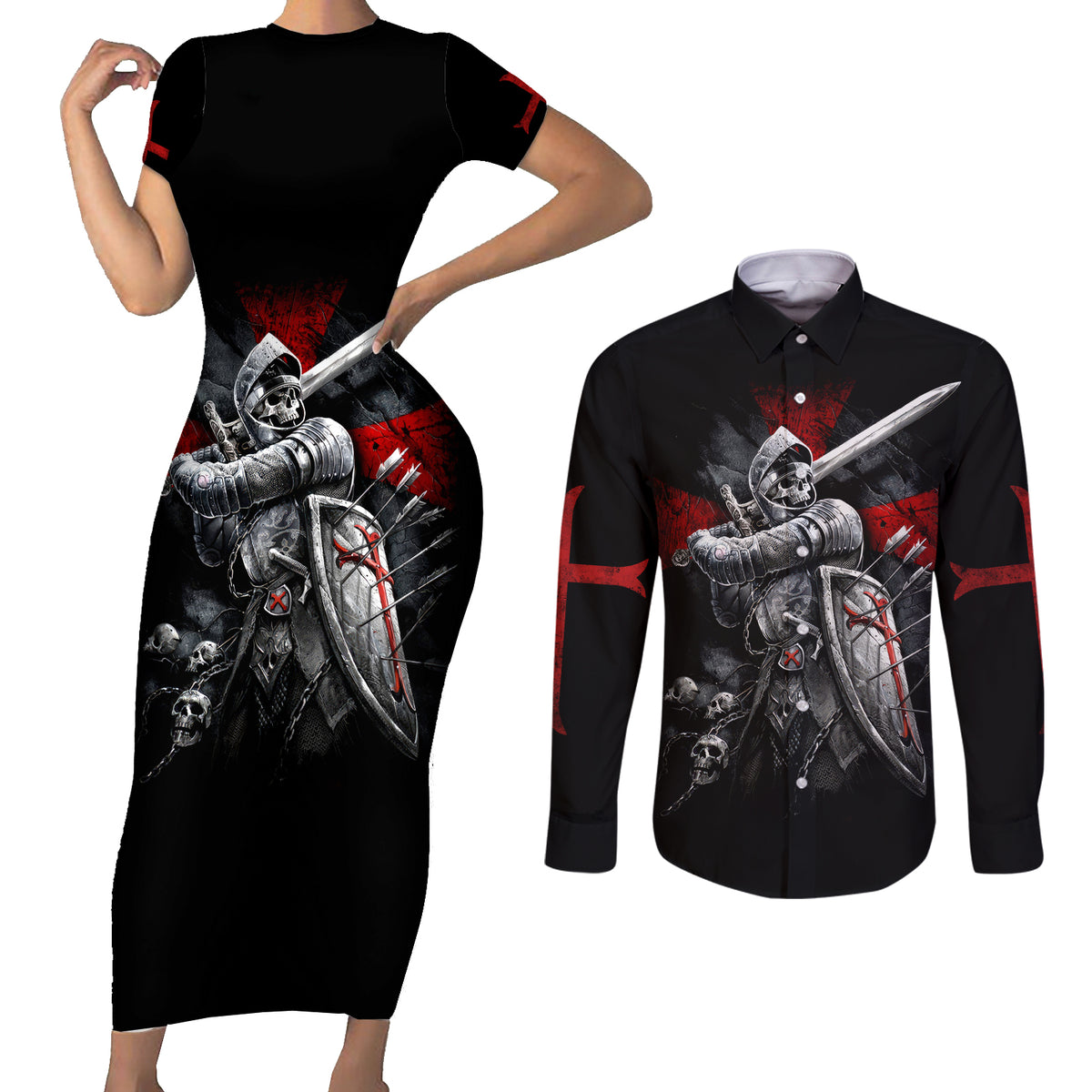 Skull Couples Matching Short Sleeve Bodycon Dress and Long Sleeve Button Shirts Death Skull Crusader - Wonder Print Shop