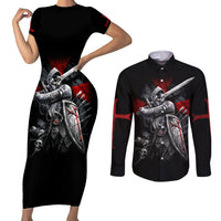 Skull Couples Matching Short Sleeve Bodycon Dress and Long Sleeve Button Shirts Death Skull Crusader - Wonder Print Shop