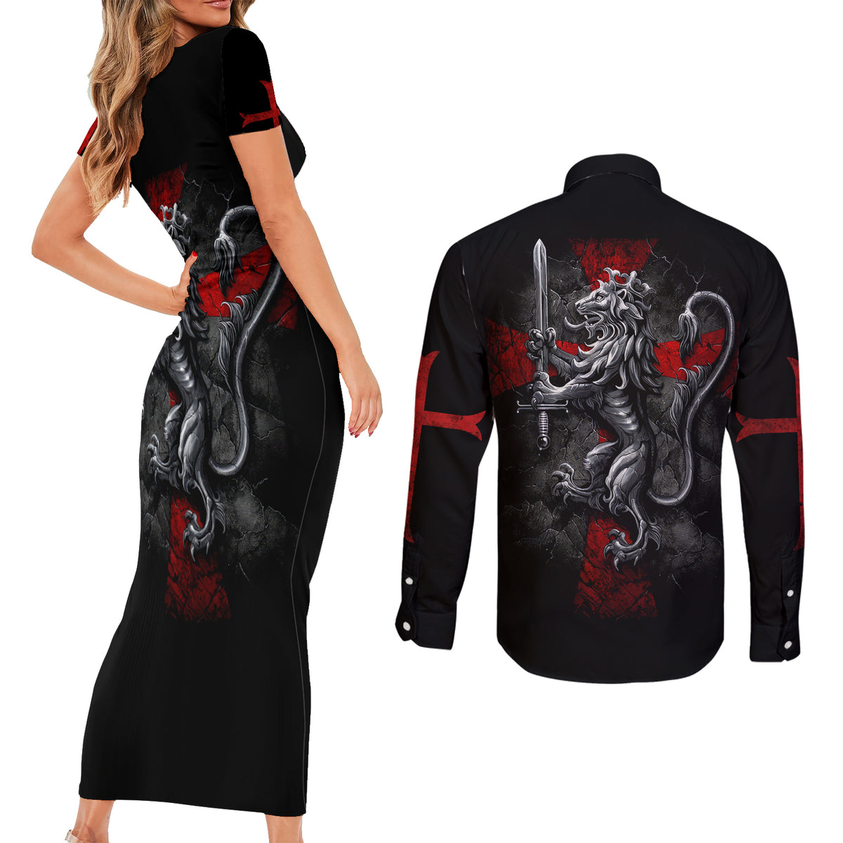 Skull Couples Matching Short Sleeve Bodycon Dress and Long Sleeve Button Shirts Death Skull Crusader - Wonder Print Shop